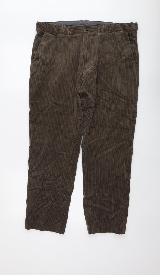Marks and Spencer Mens Brown Cotton Trousers Size 38 in L29 in Regular Button
