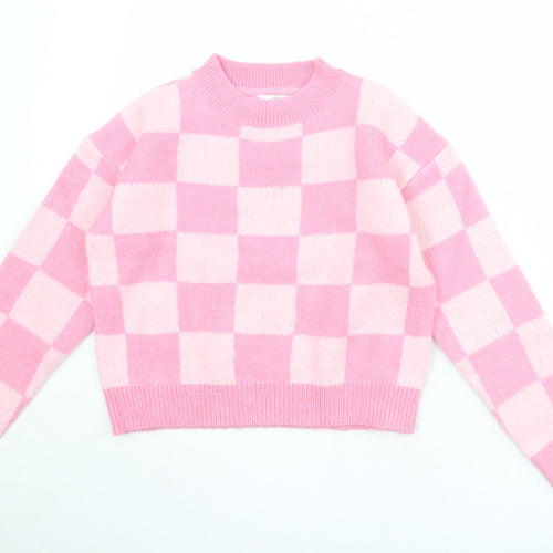 Marks and Spencer Girls Pink Mock Neck Geometric Acrylic Pullover Jumper Size 12-13 Years Pullover