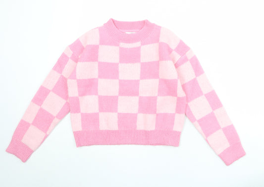 Marks and Spencer Girls Pink Mock Neck Geometric Acrylic Pullover Jumper Size 12-13 Years Pullover