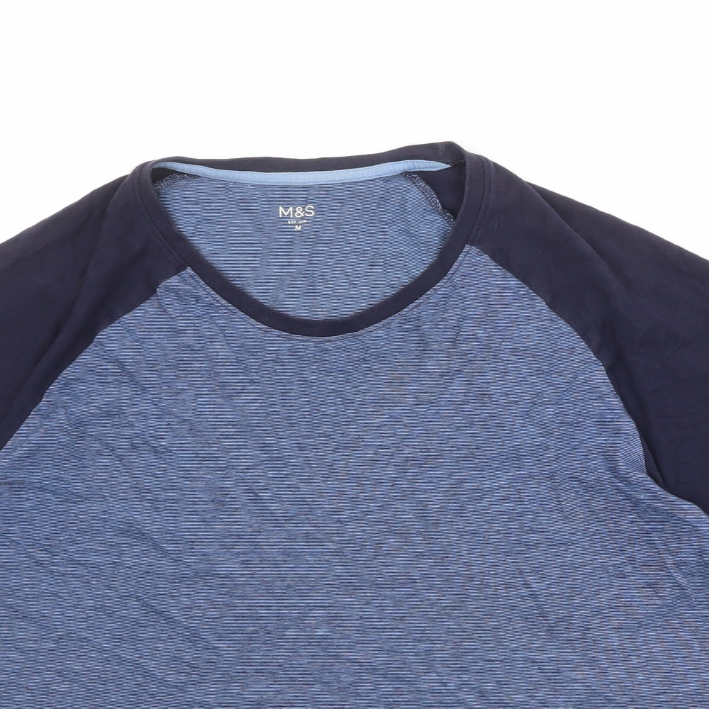 Marks and Spencer Mens Blue Colourblock Cotton T-Shirt Size M Round Neck
