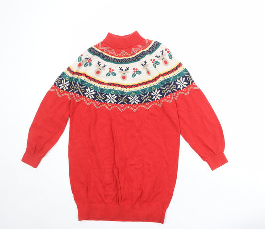 NEXT Girls Red Fair Isle 100% Cotton Jumper Dress Size 11 Years High Neck Pullover - Christmas Reindeer