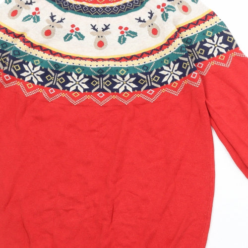 NEXT Girls Red Fair Isle 100% Cotton Jumper Dress Size 11 Years High Neck Pullover - Christmas Reindeer