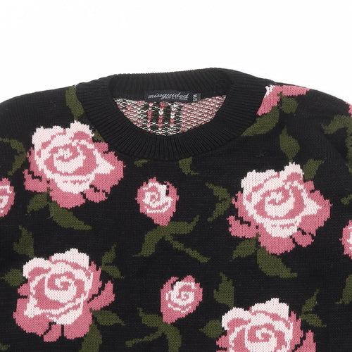 Missguided Womens Black Round Neck Floral Acrylic Pullover Jumper Size S - Size S/M