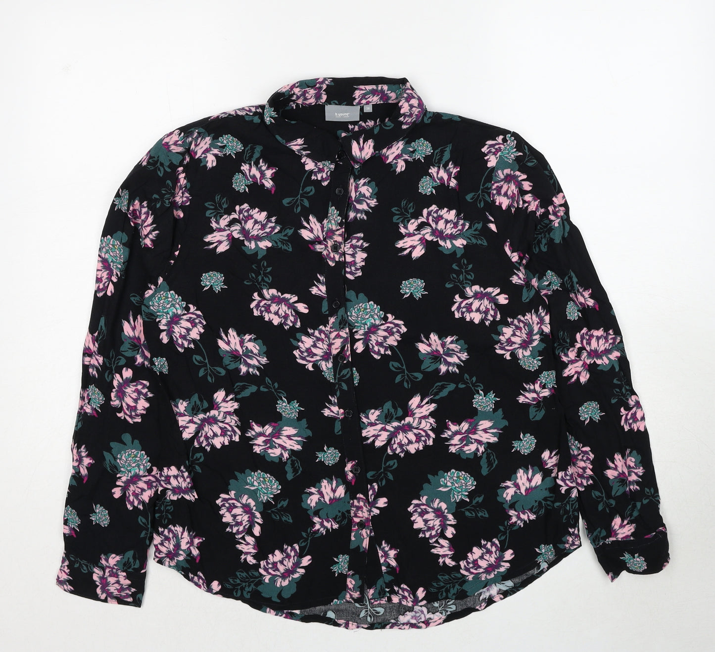 b.young Womens Black Floral Polyester Basic Button-Up Size 10 Collared