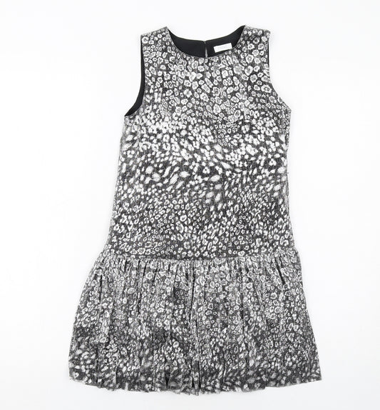 NEXT Girls Silver Animal Print Polyester A-Line Size 8 Years Boat Neck Button - Leopard Print
