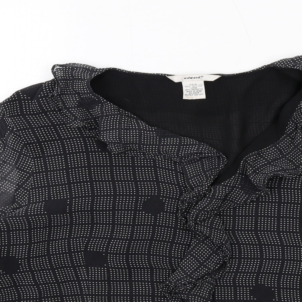 Edward Womens Black Geometric Silk Basic Blouse Size XL V-Neck