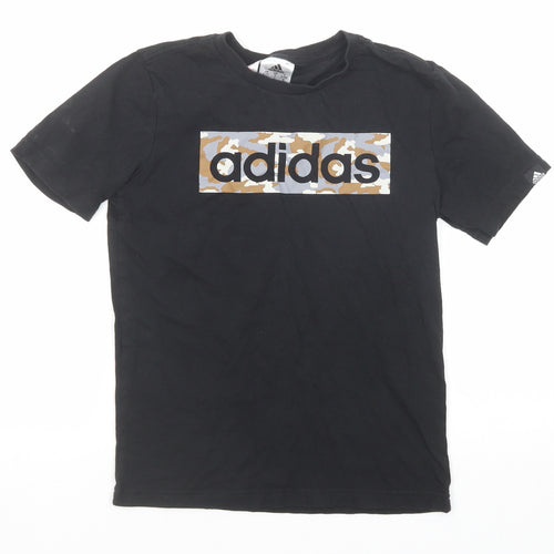 adidas Boys Black Herringbone Cotton Pullover T-Shirt Size 9-10 Years Crew Neck Pullover
