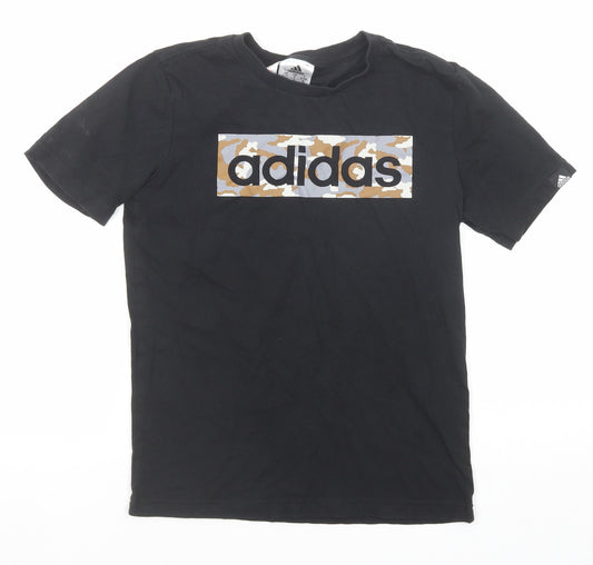 adidas Boys Black Herringbone Cotton Pullover T-Shirt Size 9-10 Years Crew Neck Pullover