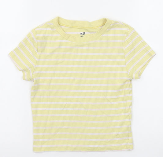 H&M Girls Yellow Striped Cotton Basic T-Shirt Size 10-11 Years Round Neck Pullover