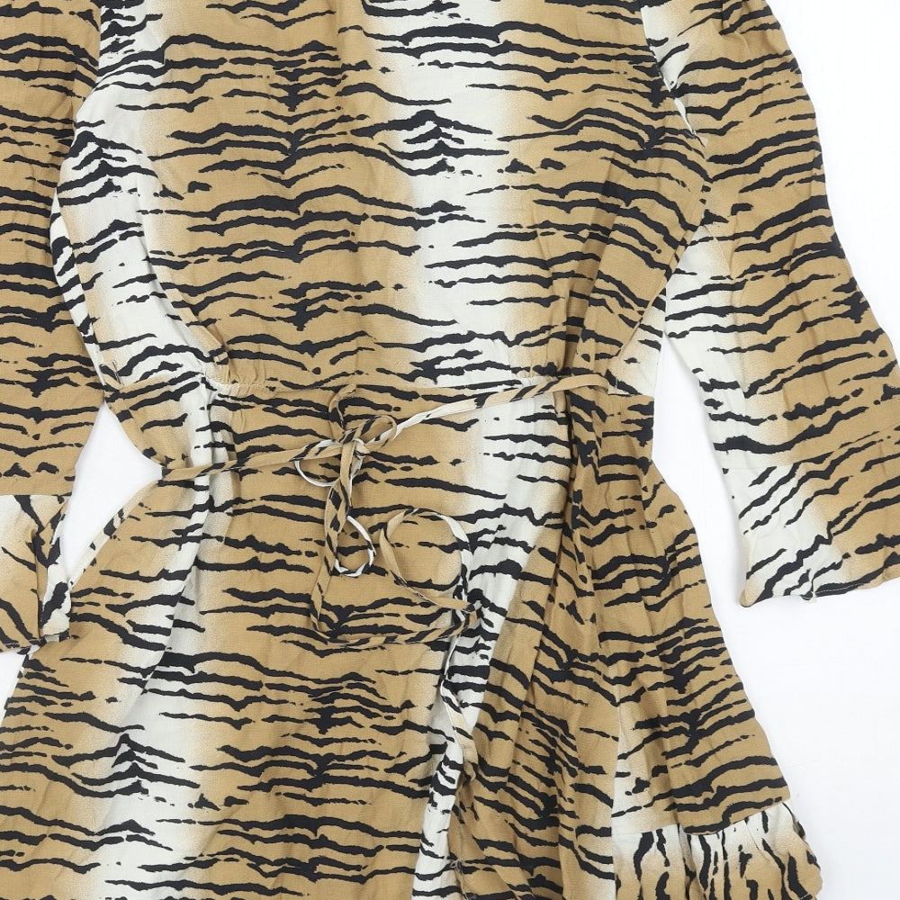 Urban Outfitters Womens Brown Animal Print Polyester Wrap Dress Size S V-Neck Tie - Tiger Print