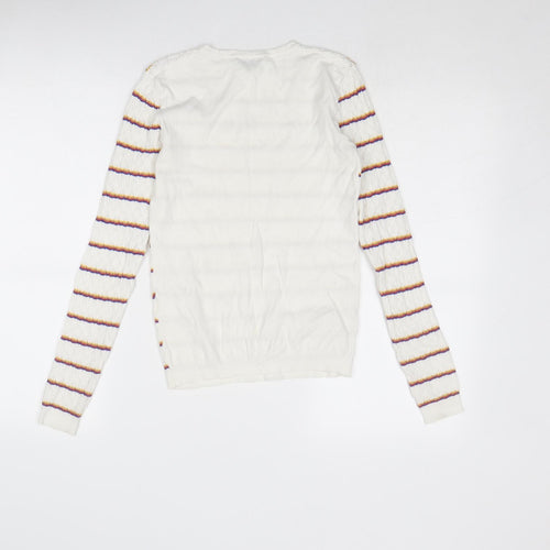 Warehouse Womens White Round Neck Striped Viscose Pullover Jumper Size 6