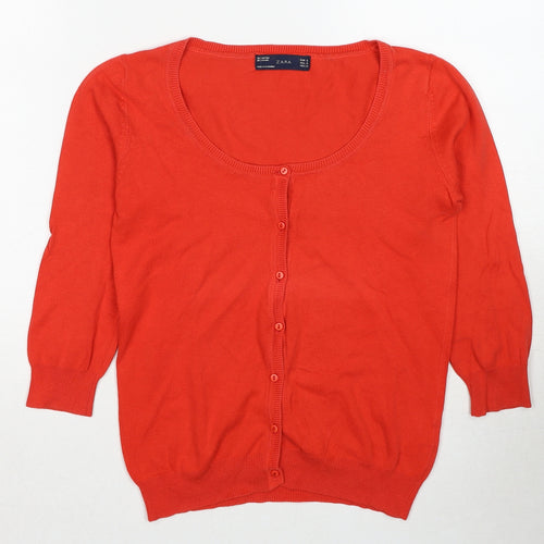 Zara Womens Red Scoop Neck Cotton Cardigan Jumper Size S