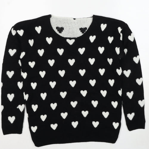 Quiz Womens Black Round Neck Geometric Acrylic Pullover Jumper Size S - Heart Pattern