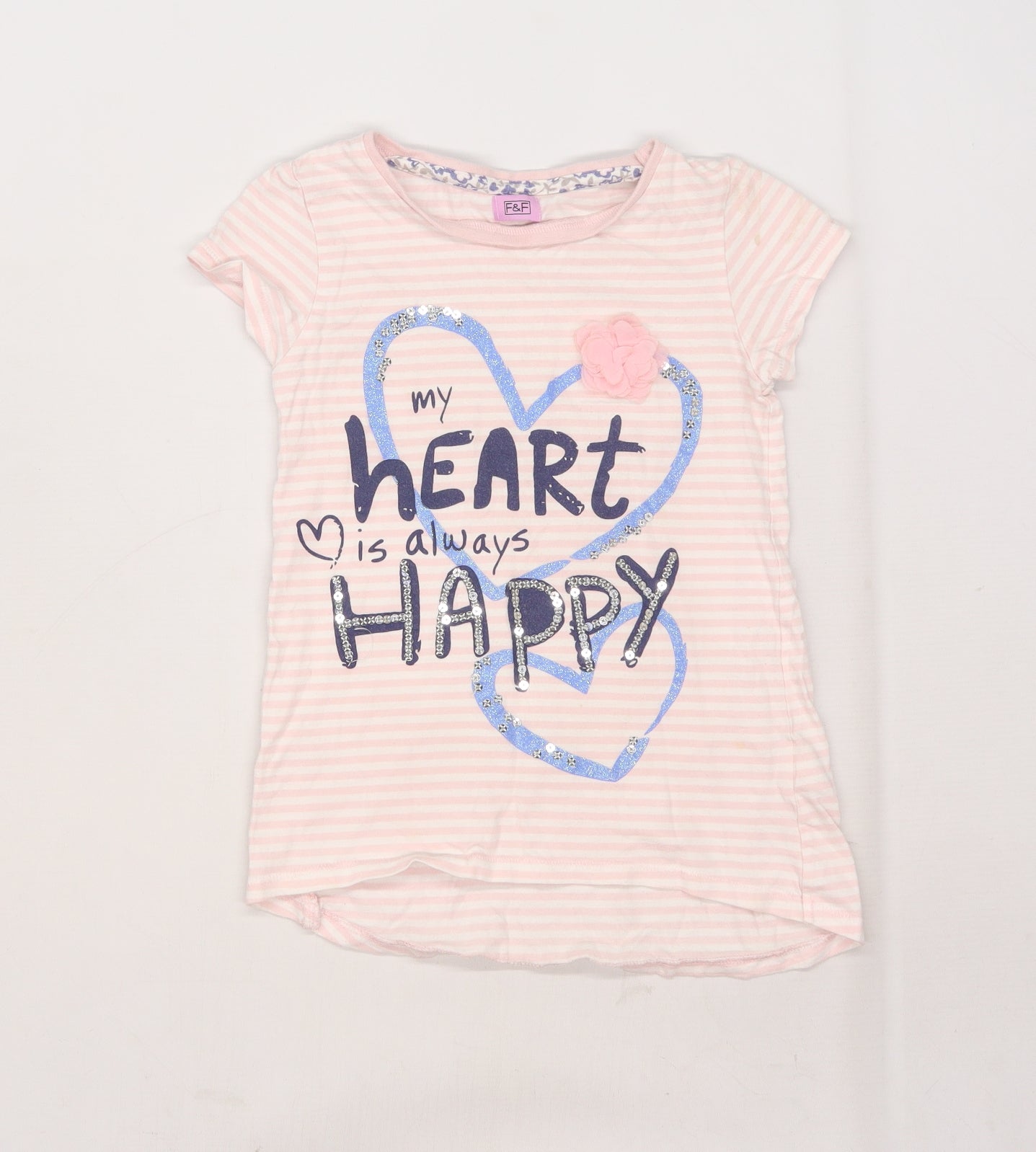 F&F Girls Pink Striped  Basic T-Shirt Size 6-7 Years  - Love heart
